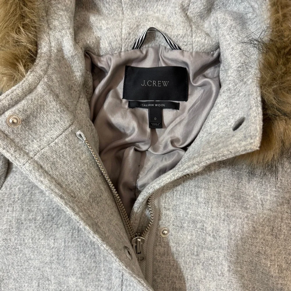 J.Crew Chateau Parka Italian Stadium-Cloth Wool Grey‎ Faux Fur Hood Coat Size 0 - Picture 9 of 11